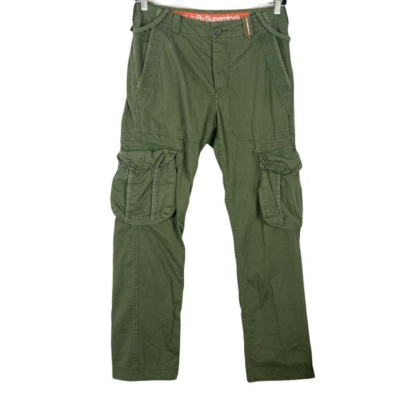 NWT SUPERDRY Pants M Cargo Green Flap-Pockets Logo Button-Fly Cotton Japanese